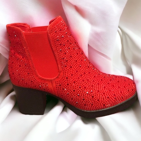 Italina Diamonds & Denim Red Rhinestone Metallic Embellished Slide On Ankle Boot - Picture 1 of 7